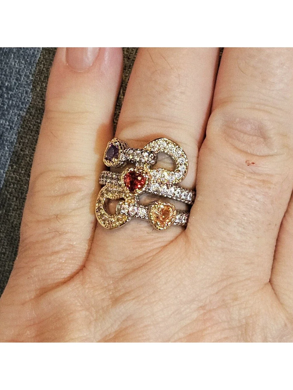 New Two Tone Heart CZ Ring Size 8 Sparkling Fall Colors Multi-band Cocktail